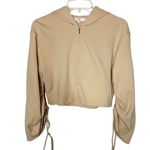 Tibi Viscose Half Zip Pullover Hoodie Women's Size XS Tan Neutral Cinched Sleeve